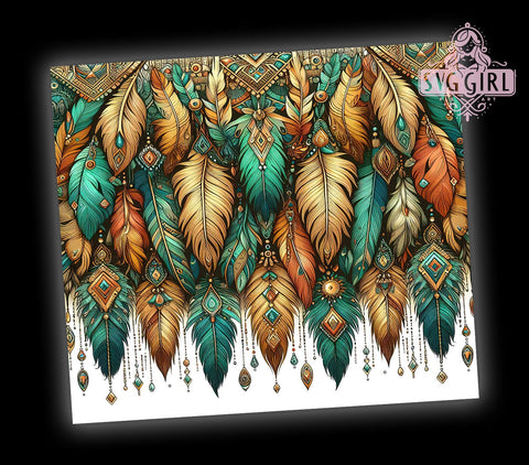 Indian Feathers Tumbler, Boho Tumbler Wrap, Native American Design, 20oz Tumbler PNG, Tribal Decor, Bohemian Gift, Sublimation Drinkware, Ethnic Patterns Tumbler Sublimation SvggirlplusArt 