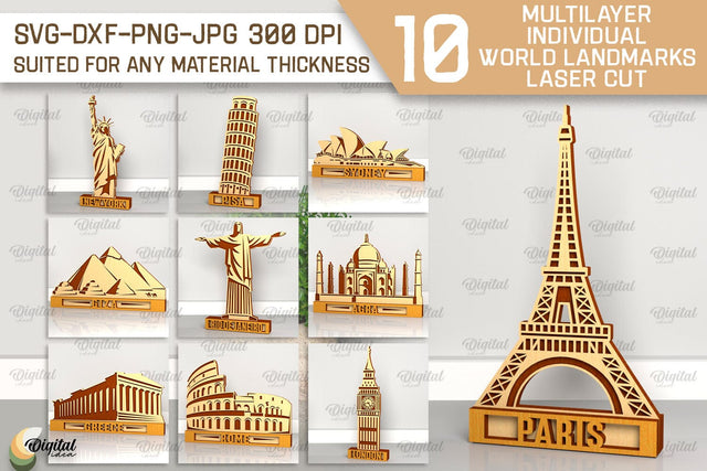 Individual World Landmarks LaserCut Bundle. Multilayer Decor SVG Evgenyia Guschina 