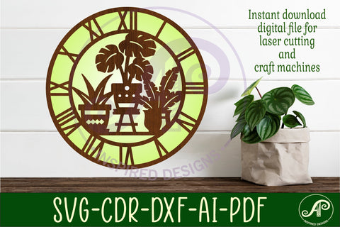 Indoor plant lovers clock wall clock laser cut files SVG APInspireddesigns 