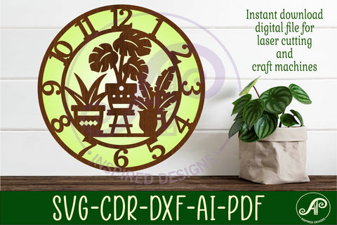 Indoor plant lovers clock wall clock laser cut files SVG APInspireddesigns 
