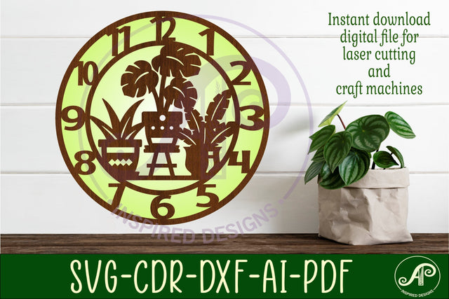 Indoor plant lovers clock wall clock laser cut files SVG APInspireddesigns 
