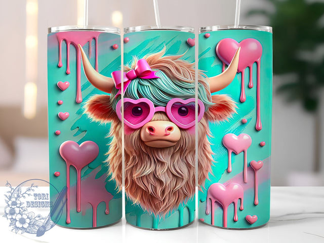 Inflated 3D Highland Cow Valentine's Tumbler, Inflated Cow, Valentine's Day, Tumbler Wrap, 20oz Tumbler, Sublimation Design, Cute Cow Gift Sublimation ToriDesigns 