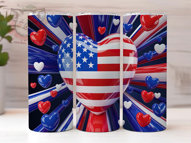 Inflated Heart Patriotic Tumbler, 3D Flag Design, American Heart Cup, Fourth July Balloon, Inflated Heart Art, USA Love Design, Patriotic Bubble Art Sublimation Lara' s Designs 