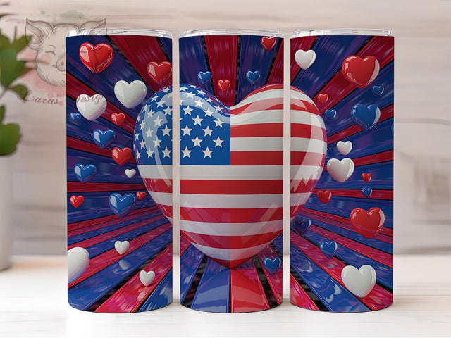 Inflated Heart Patriotic Tumbler, 3D Flag Design, American Heart Cup, Fourth July Balloon, Inflated Heart Art, USA Love Design, Patriotic Bubble Art Sublimation Lara' s Designs 