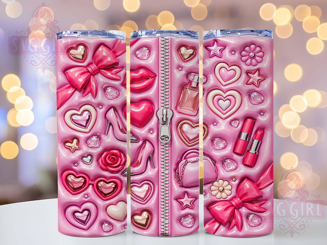 Inflated Pink Doll Glossy 20oz Tumbler, Silver Zipper, Puffy Icons, Kissable Lips, Perfume Bottle, Skinny Tumbler, Sublimation PNG Sublimation SvggirlplusArt 