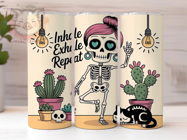 Inhale Exhale Yoga Skeleton Tumbler, Inhale Exhale Wrap, 20Oz Sublimation Design, Seamless Yoga Cup, Skeleton Meditation Drinkware, Womens Yoga Gift, Spooky Yoga Tumbler Sublimation Lara' s Designs 