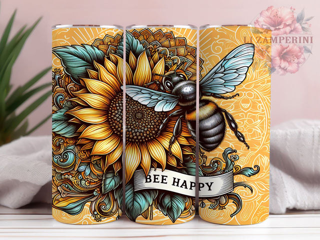 Inspirational 20 oz Skinny Tumbler Sublimation Design, Straight & Tapered Tumbler Png, Bee Happy Tumbler Png, Digital Download PNG Sublimation Li Zamperini 