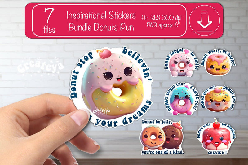 Inspirational Stickers Bundle Kawaii Donuts pun printable stickers png Print and cut stickers Sublimation Createya Design 