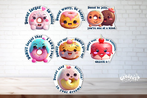 Inspirational Stickers Bundle Kawaii Donuts pun printable stickers png Print and cut stickers Sublimation Createya Design 