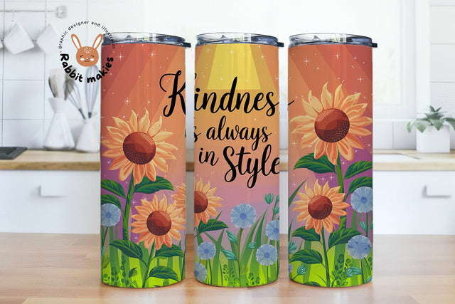 Inspirational Tumbler Wrap, Kindness is Always in Style PNG, Sunflower Inspirational Quote, Boho Floral Sublimation Design Sublimation Rabbitmakies 