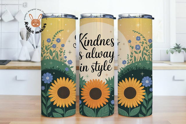 Inspirational Tumbler Wrap, Kindness is Always in Style PNG, Sunflower Inspirational Quote, Boho Floral Sublimation Design Sublimation Rabbitmakies 
