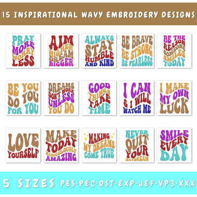 Inspirational Wavy Embroidery Designs Bundle - 15 Designs, Inspirational Sayings Embroidery, Inspirational Quotes Embroidery Files Embroidery/Applique DESIGNS HappyDesignStudio 