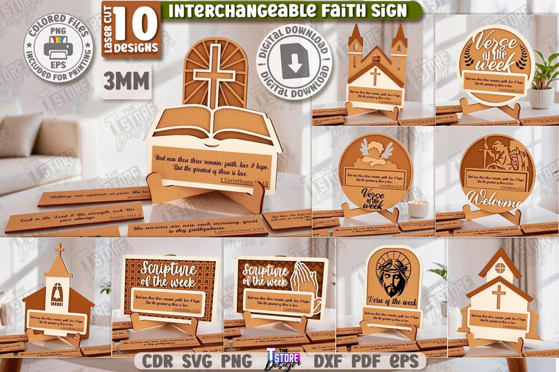 Interchangeable Faith Signs Laser Cut Bundle | Christian Design | Tabletop Stands | Christian Signs | CNC File SVG The T Store Design 