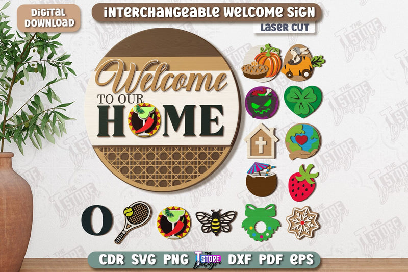 Interchangeable Welcome Wall Sign Laser Cut | Round Sign | 3D Home Wall Decor | CNC File SVG The T Store Design 