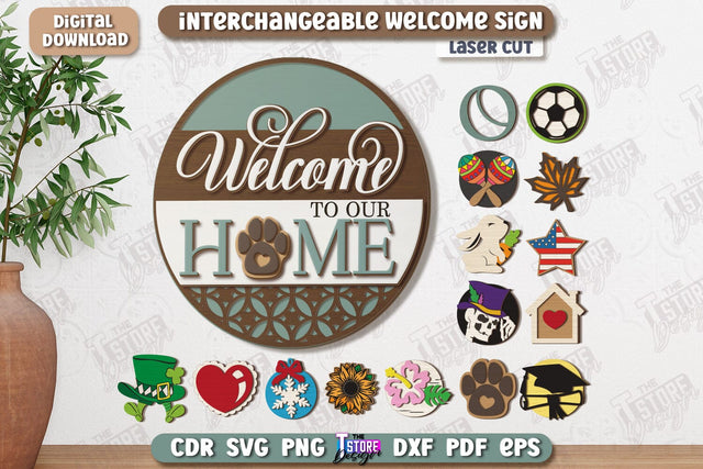 Interchangeable Welcome Wall Sign Laser Cut | Round Sign | 3D Home Wall Decor | CNC File SVG The T Store Design 