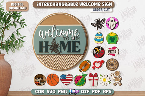 Interchangeable Welcome Wall Signs Laser Cut Bundle | Round Signs | 3D Home Wall Decor | CNC Files SVG The T Store Design 