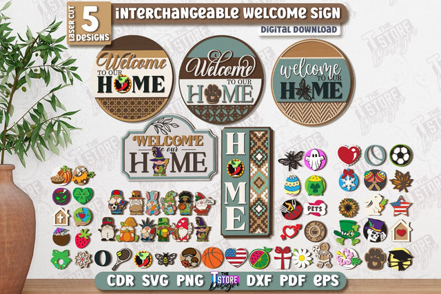 Interchangeable Welcome Wall Signs Laser Cut Bundle | Round Signs | 3D Home Wall Decor | CNC Files SVG The T Store Design 