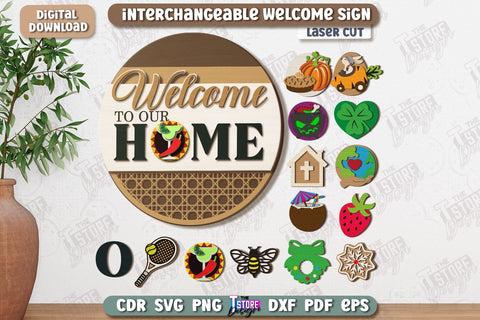 Interchangeable Welcome Wall Signs Laser Cut Bundle | Round Signs | 3D Home Wall Decor | CNC Files SVG The T Store Design 