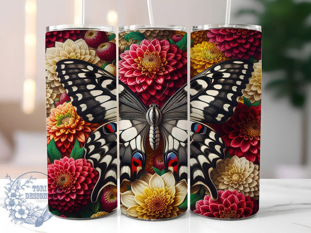Intricate Butterfly 20oz Tumbler, Black And White PNG, Intricate Butterfly Art, 20oz Skinny Tumbler, Monochrome Sublimation, Botanical Butterfly Design, Detailed Butterfly Wrap Sublimation ToriDesigns 