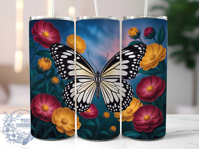 Intricate Butterfly 20oz Tumbler, Black And White PNG, Intricate Butterfly Art, 20oz Skinny Tumbler, Monochrome Sublimation, Botanical Butterfly Design, Detailed Butterfly Wrap Sublimation ToriDesigns 