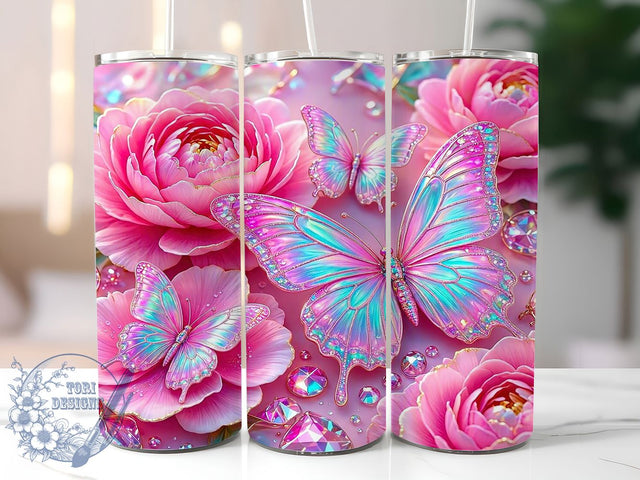 Iridescent Butterfly Peonies 20oz Tumbler, Butterfly Motif, Peony Floral, Iridescent Design, Whimsical Charm, Elegant Style, 20oz Wrap, Sublimation Tumbler Sublimation ToriDesigns 