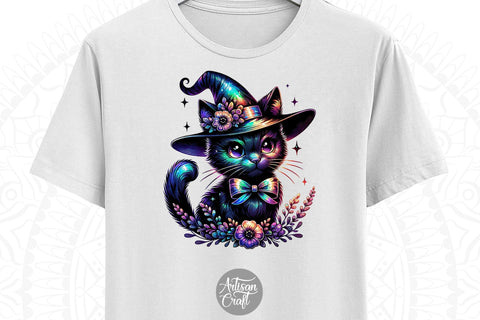 Iridescent cute black cat Halloween sublimation PNG with flowers Sublimation Artisan Craft SVG 