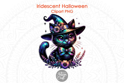 Iridescent cute black cat Halloween sublimation PNG with flowers Sublimation Artisan Craft SVG 