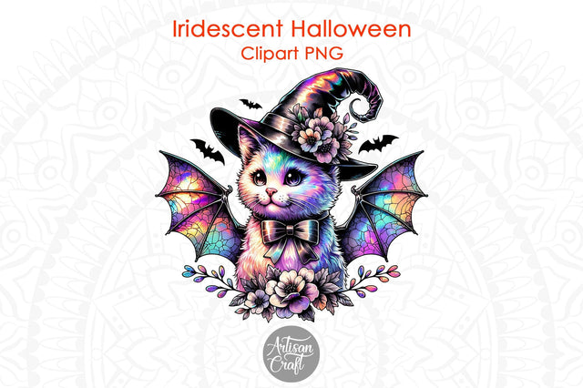 Iridescent cute cat with bat wings, Halloween clipart, Holographic Designs Sublimation Artisan Craft SVG 