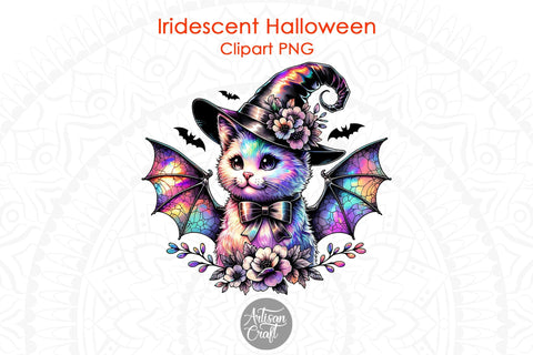Iridescent cute cat with bat wings, Halloween clipart, Holographic Designs Sublimation Artisan Craft SVG 
