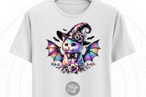 Iridescent cute cat with bat wings, Halloween clipart, Holographic Designs Sublimation Artisan Craft SVG 