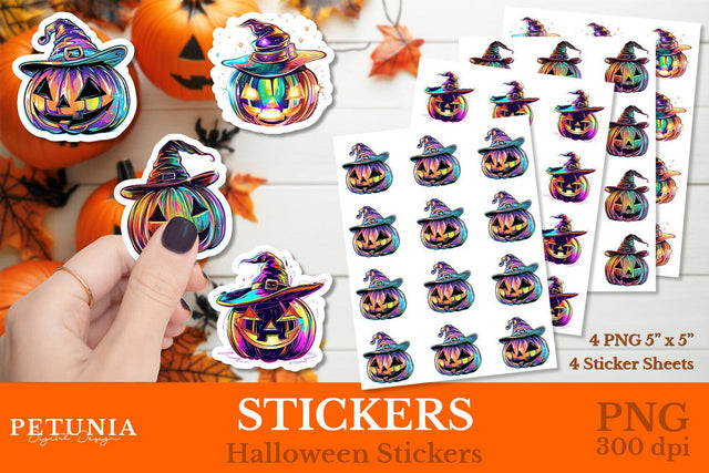Iridescent Cute Pumpkin Stickers | Halloween Pumpkin Stickers Sublimation Petunia Digital Design 