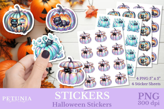 Iridescent Cute Pumpkin Stickers | Halloween Pumpkin Stickers Sublimation Petunia Digital Design 