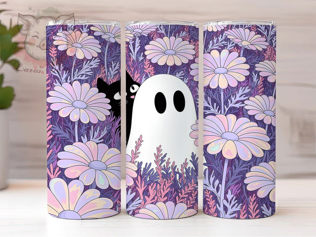 Iridescent Floral Ghost Cat Tumbler Wrap, Floral Halloween Tumbler, Holographic Cat Design, Spooky Sublimation PNG, Mystical Tumbler Wrap, Black Cat Halloween, Ghost And Flowers Wrap Sublimation Lara' s Designs 