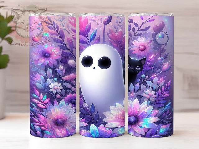 Iridescent Floral Ghost Cat Tumbler Wrap, Floral Halloween Tumbler, Holographic Cat Design, Spooky Sublimation PNG, Mystical Tumbler Wrap, Black Cat Halloween, Ghost And Flowers Wrap Sublimation Lara' s Designs 
