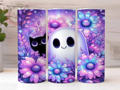 Iridescent Floral Ghost Cat Tumbler Wrap, Floral Halloween Tumbler, Holographic Cat Design, Spooky Sublimation PNG, Mystical Tumbler Wrap, Black Cat Halloween, Ghost And Flowers Wrap Sublimation Lara' s Designs 