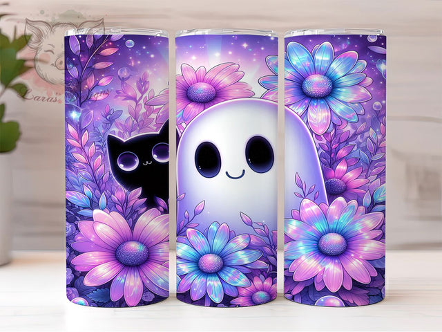 Iridescent Floral Ghost Cat Tumbler Wrap, Floral Halloween Tumbler, Holographic Cat Design, Spooky Sublimation PNG, Mystical Tumbler Wrap, Black Cat Halloween, Ghost And Flowers Wrap Sublimation Lara' s Designs 