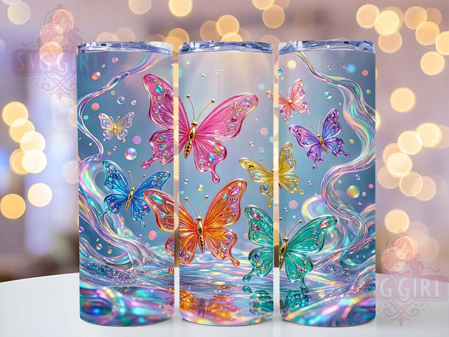 Iridescent Glass Butterflies 20oz Tumbler, Glass Butterflies, Iridescent Design, Elegant Theme, Sublimation Wrap, 20oz Tumbler, Whimsical Aesthetic, Delicate Charm Sublimation SvggirlplusArt 