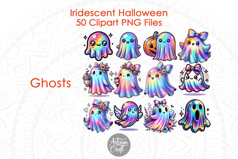 Iridescent Halloween Clipart bundle, Halloween ghost, Coquette bow Sublimation Artisan Craft SVG 