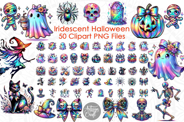Iridescent Halloween Clipart bundle, Halloween ghost, Coquette bow Sublimation Artisan Craft SVG 