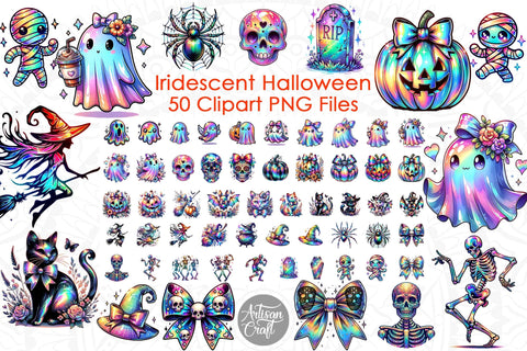 Iridescent Halloween Clipart bundle, Halloween ghost, Coquette bow Sublimation Artisan Craft SVG 