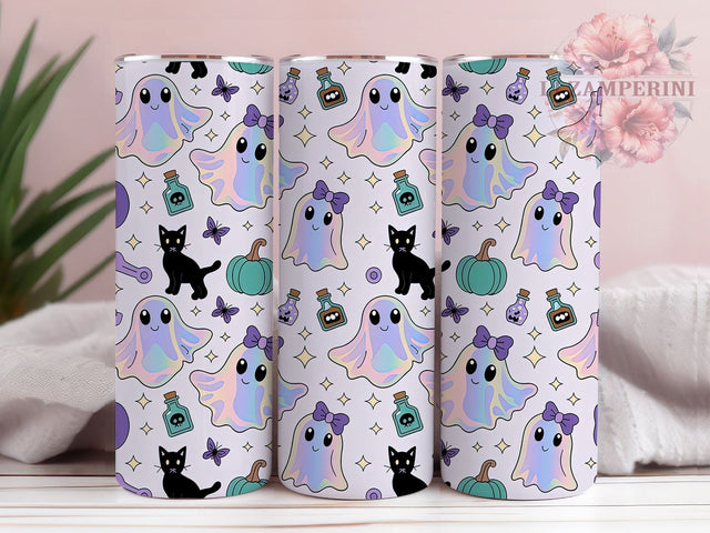 Iridescent Neon Cute Girly Halloween Ghost Tumbler, Cute Neon Girl Ghost Cup Wrap, 20Oz Sublimation Design, Pastel Spooky Drinkware, Girly Ghost Coffee Cup, Neon Halloween Tumbler, Colorful Ghost Mug Sublimation Li Zamperini 