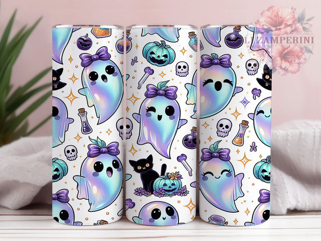 Iridescent Neon Cute Girly Halloween Ghost Tumbler, Cute Neon Girl Ghost Cup Wrap, 20Oz Sublimation Design, Pastel Spooky Drinkware, Girly Ghost Coffee Cup, Neon Halloween Tumbler, Colorful Ghost Mug Sublimation Li Zamperini 