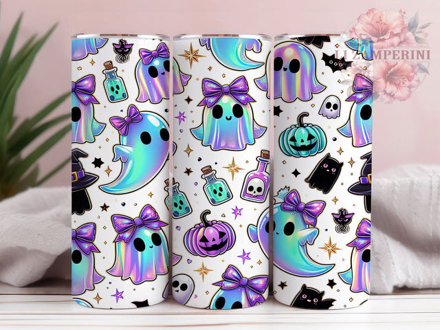 Iridescent Neon Cute Girly Halloween Ghost Tumbler, Cute Neon Girl Ghost Cup Wrap, 20Oz Sublimation Design, Pastel Spooky Drinkware, Girly Ghost Coffee Cup, Neon Halloween Tumbler, Colorful Ghost Mug Sublimation Li Zamperini 