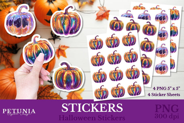 Iridescent Pumpkin Stickers | Halloween Pumpkin Stickers Sublimation Petunia Digital Design 