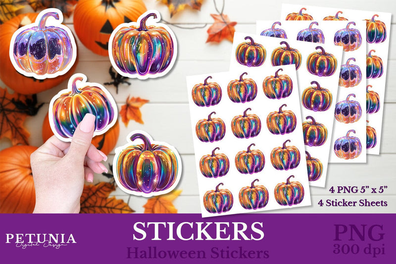 Iridescent Pumpkin Stickers | Halloween Pumpkin Stickers Sublimation Petunia Digital Design 