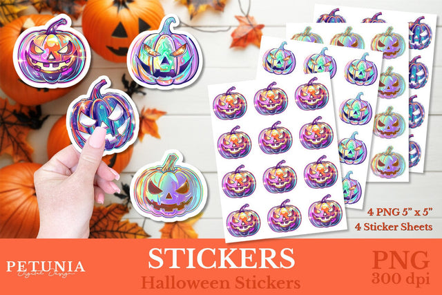 Iridescent Pumpkin Stickers | Halloween Pumpkin Stickers Sublimation Petunia Digital Design 
