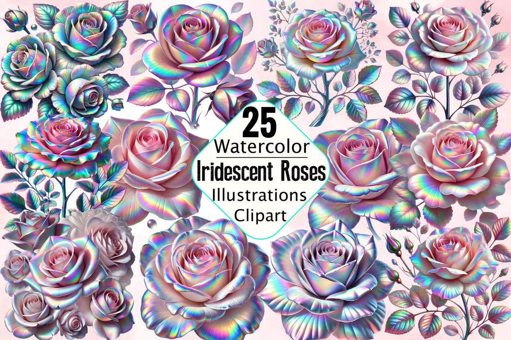 Iridescent Roses Floral Sublimation Clipart Bundle - So Fontsy