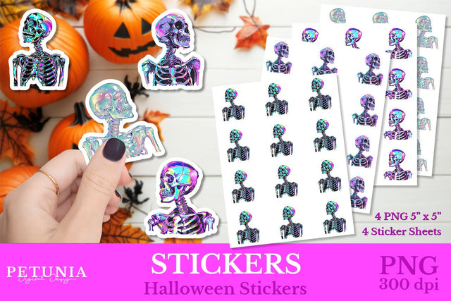 Iridescent Skeleton Stickers | Halloween Stickers Sublimation Petunia Digital Design 
