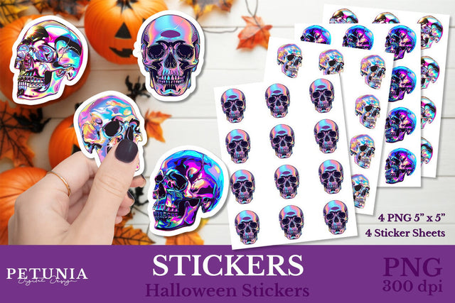 Iridescent Skull Stickers | Halloween Stickers Sublimation Petunia Digital Design 