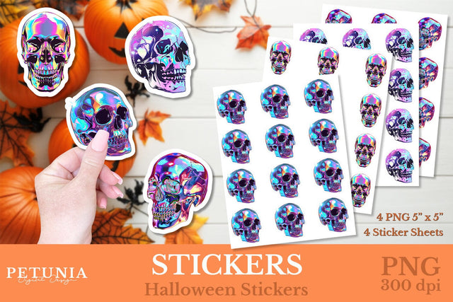 Iridescent Skull Stickers | Halloween Stickers Sublimation Petunia Digital Design 